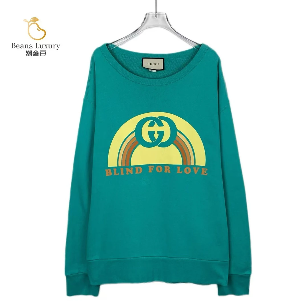 95新 GUCCI/古驰 潮奢豆 严选/湖绿色logo印花棉质卫衣/016218