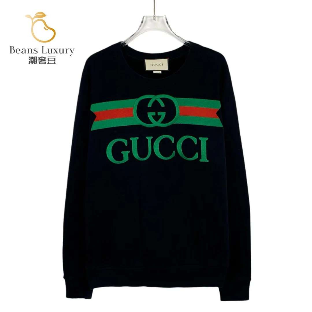 GUCCI/古驰99新/潮奢豆 严选/黑色logo刺绣圆领棉质卫衣/013133