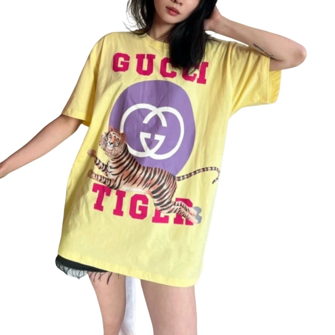 GUCCI/古驰潮奢豆 严选/logo老虎印花圆领黄色短袖T/95新/012632