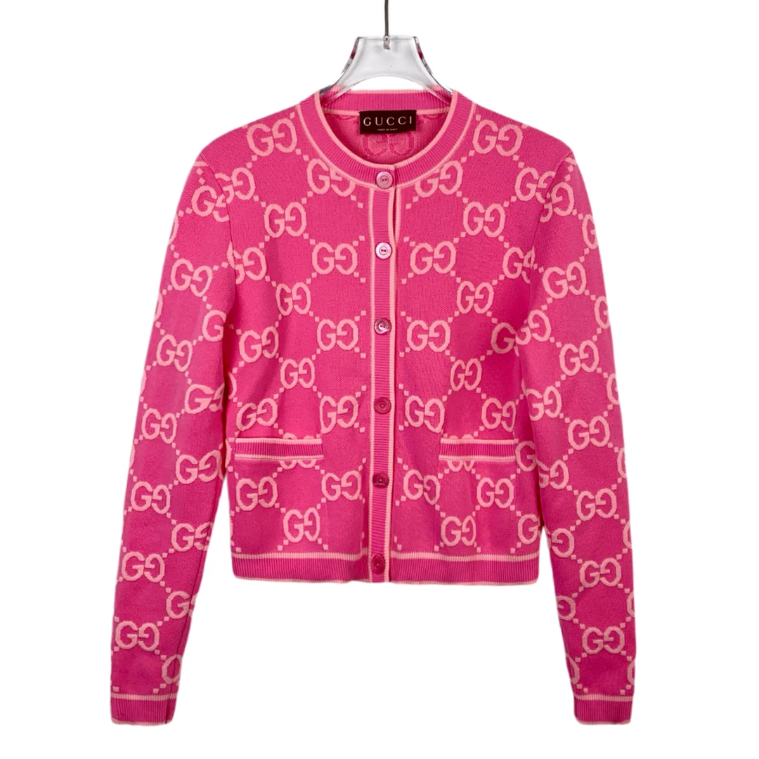 GUCCI/古驰95新/潮奢豆 严选/粉色双G满印针织开衫/H9483