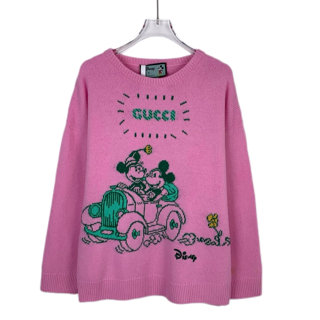 GUCCI/古驰95新/潮奢豆 严选/字母米奇嵌花粉色圆领毛衣/018169