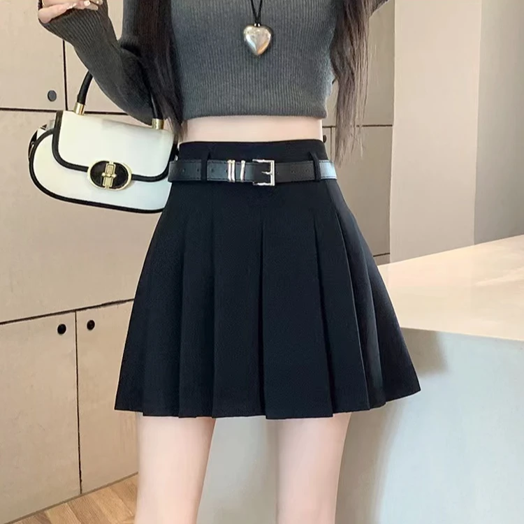 秋冬新款学院风百褶裙高腰显瘦百搭小个子A字防走光半身裙+腰带