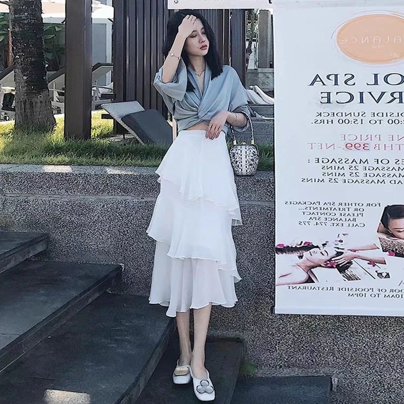 不规则雪纺半身裙女2024夏季中长款高腰字鱼尾裙百搭白色蛋糕裙