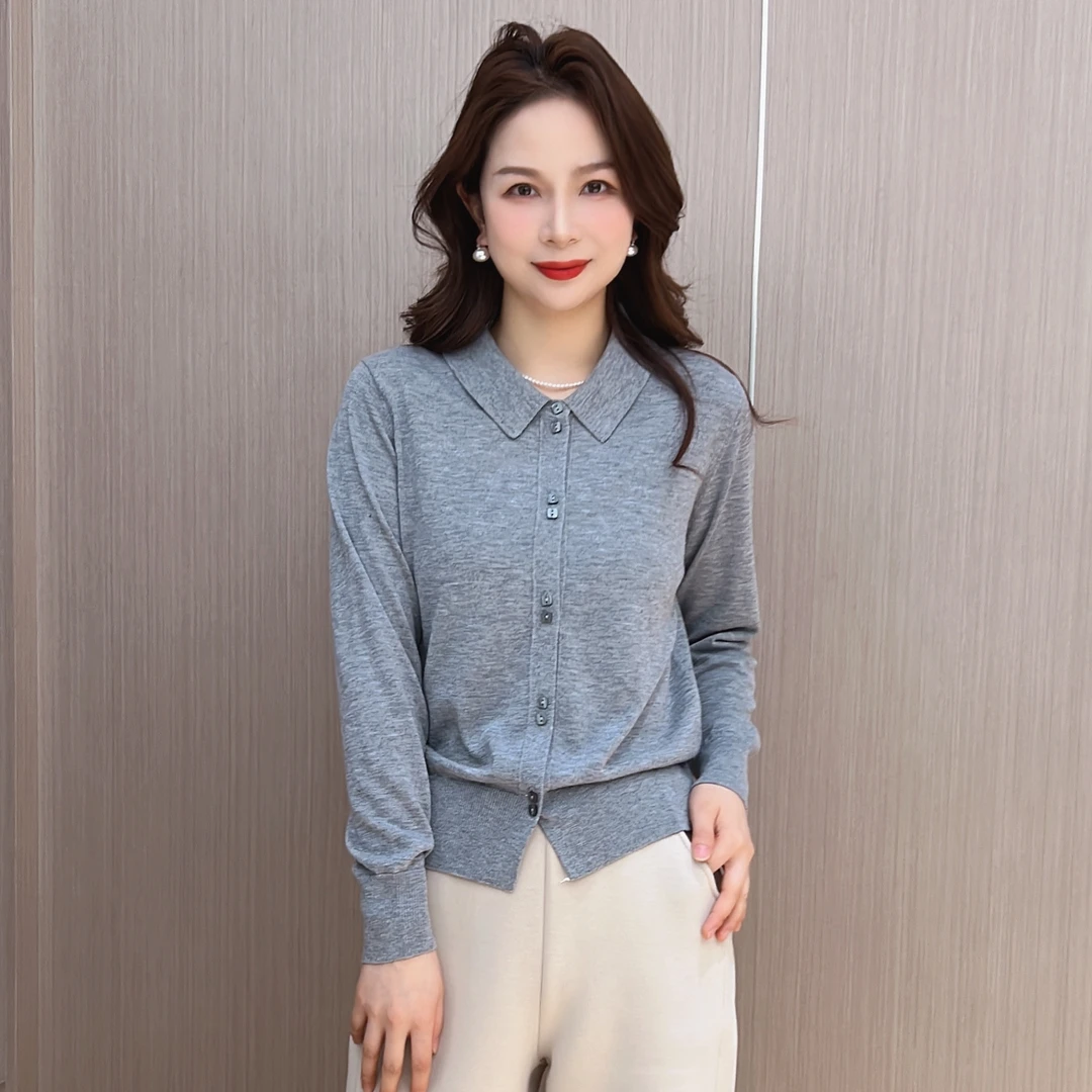 【至简美】双扣翻领气质针织开衫2024春夏新款女装衬衫