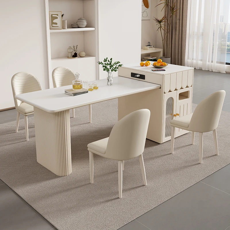 奶油风岩板岛台餐桌一体现代简约小户型客厅家用吃饭桌可伸缩导台