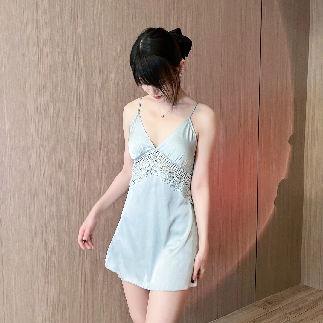 羞玉颜新款蕾丝背镂空夏季吊带睡裙温柔纯欲风冰雪丝睡衣女睡袍