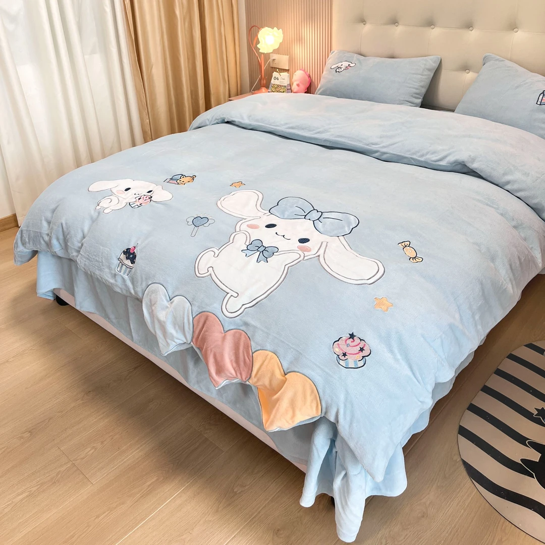 彩象树卡通贴布绣牛奶绒四件套可爱加厚绣花四件套