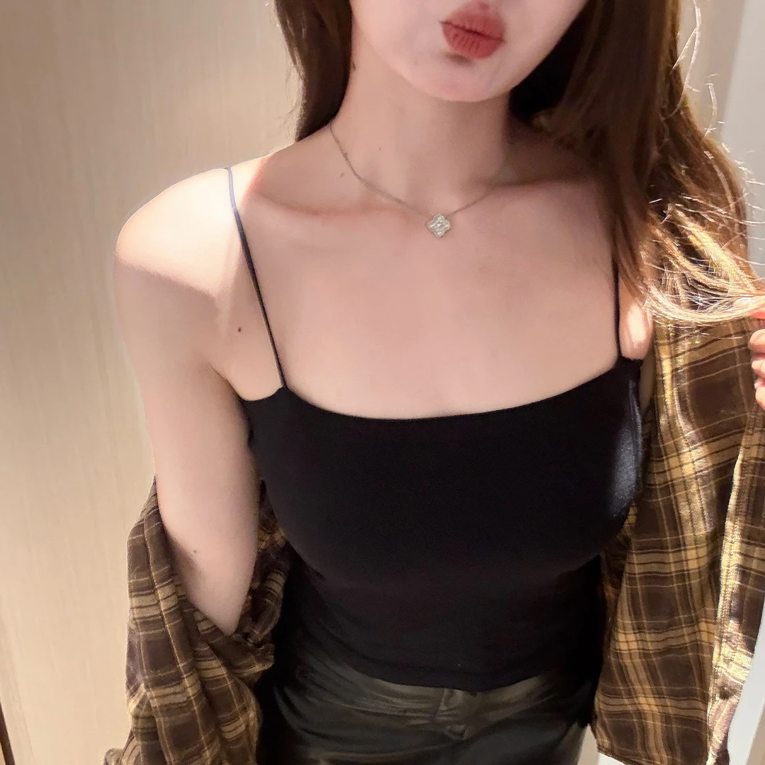 胖MM大码黑色小吊带背心女简约百搭设计感带胸垫内搭上衣