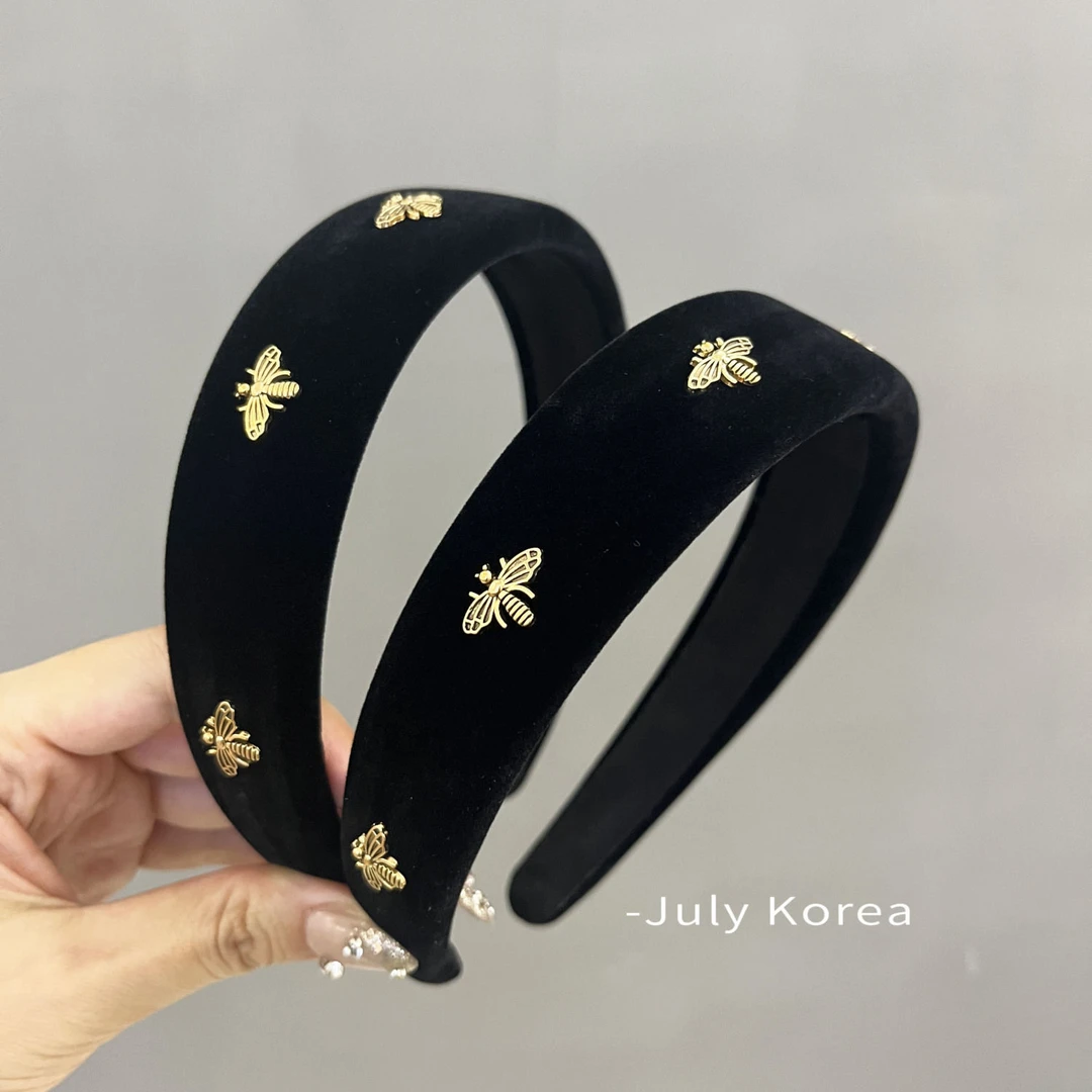 韩版新款秋冬蜜蜂黑色丝绒发箍 高级感发卡洗脸外出海绵头箍气质