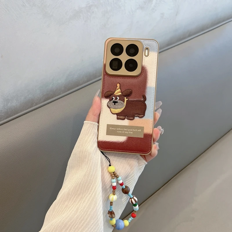 适用小米15手机壳小米15pro创意卡通布艺刺绣小狗棉服质感防摔壳