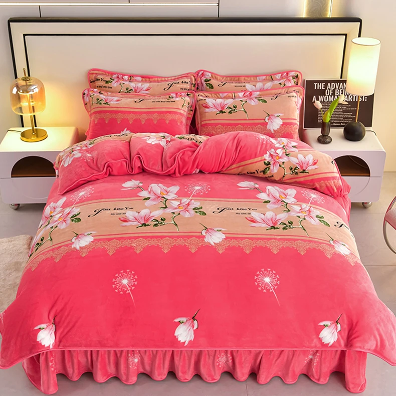 冬季保暖加厚牛奶绒四件套床上用品双面绒抗静电不掉毛不掉色印花