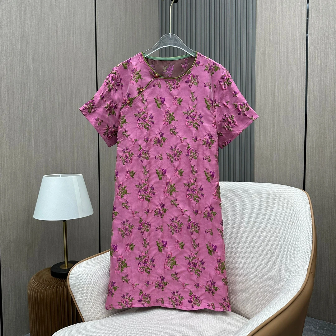 【繁花】新中式国风粉色花朵立体浮雕提花连衣裙2024夏季新款裙子