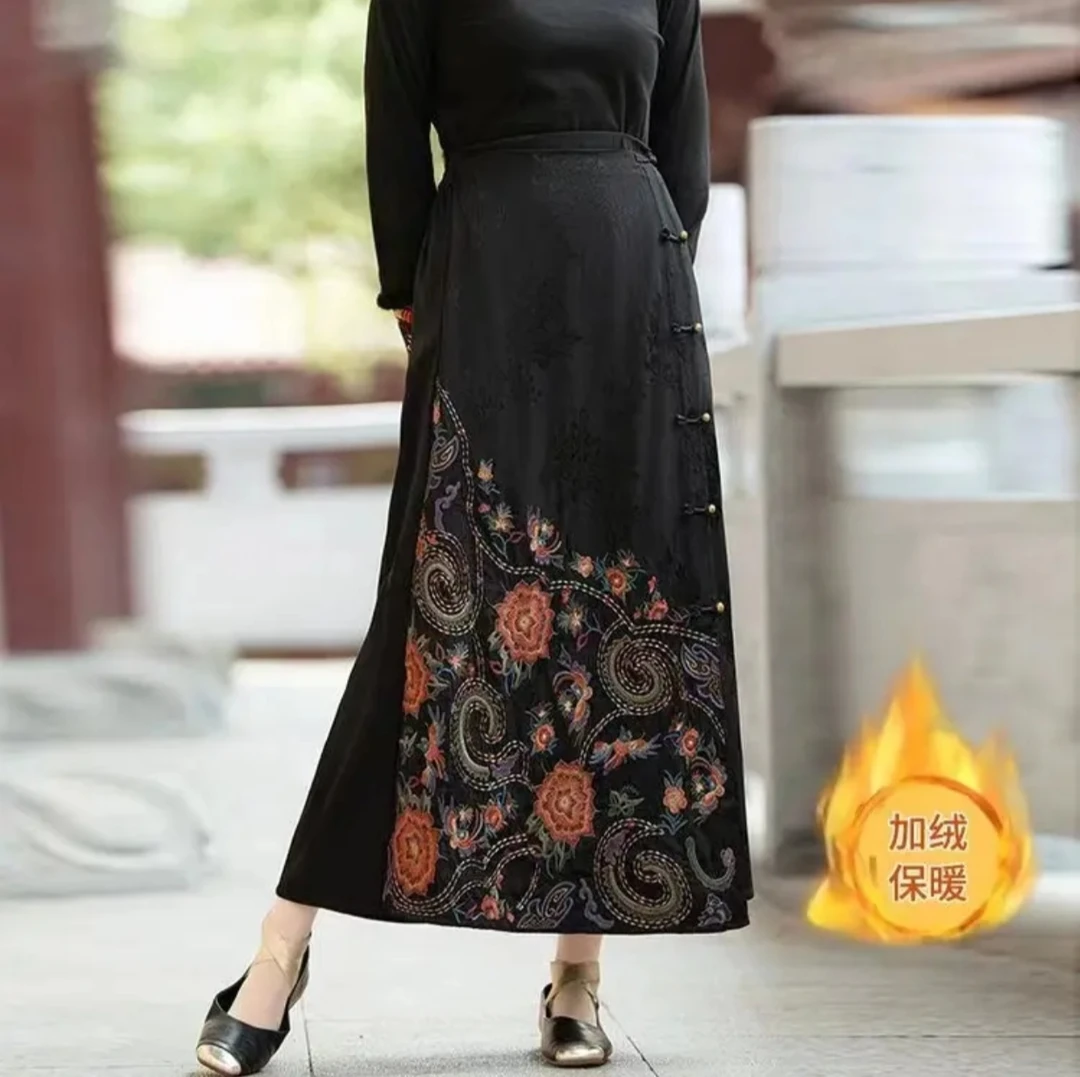 【北秋】新中式加绒刺绣半身裙中长款休闲中国风松紧腰气质A字裙女