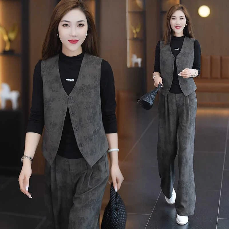 2024新款气质无袖西装马甲女高腰阔腿裤洋气显瘦直筒裤套装两件套