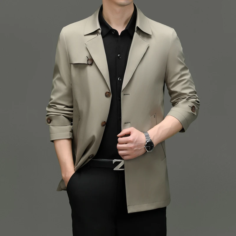 专柜正品2025秋季纯色外套翻领外穿上衣大牌中年男商务中长款风衣