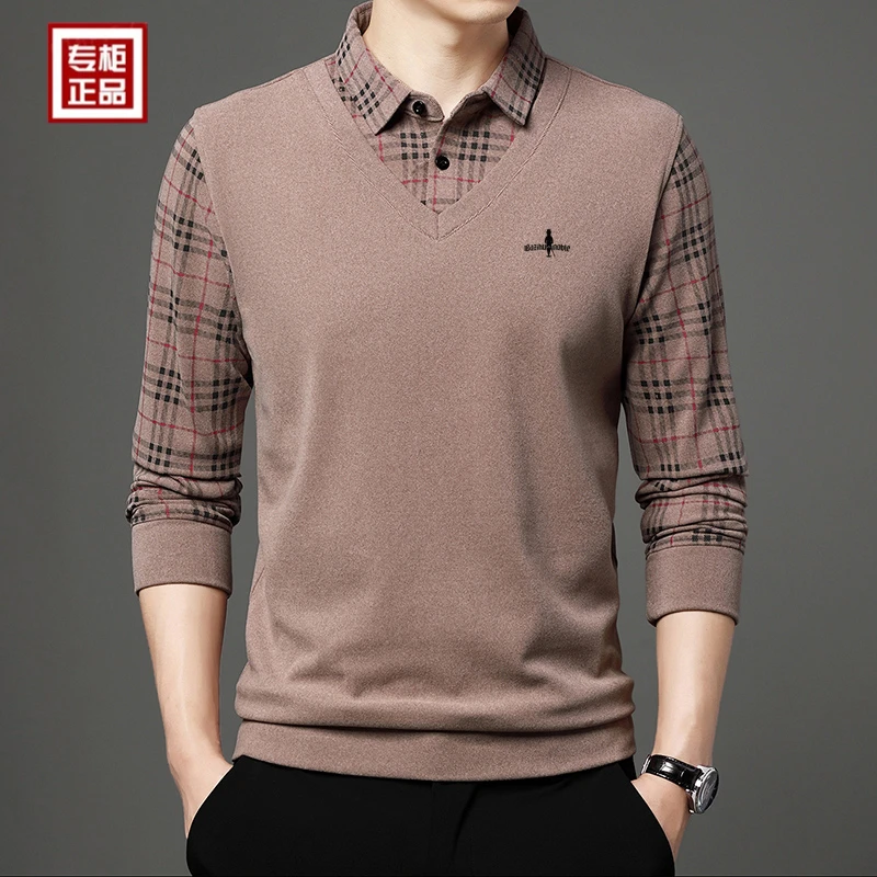 专柜正品春秋长袖T恤衫假两件中青年商务格纹打底衫翻领毛衣上衣