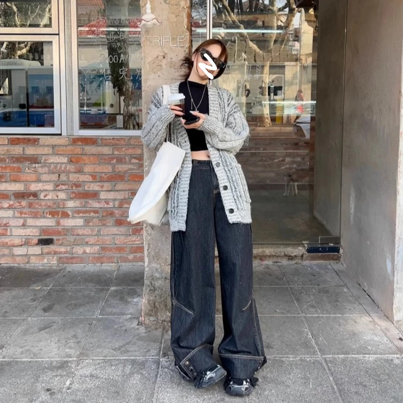 重工翻边设计感美式复古高腰直筒阔腿牛仔裤女小个子宽松拖地裤