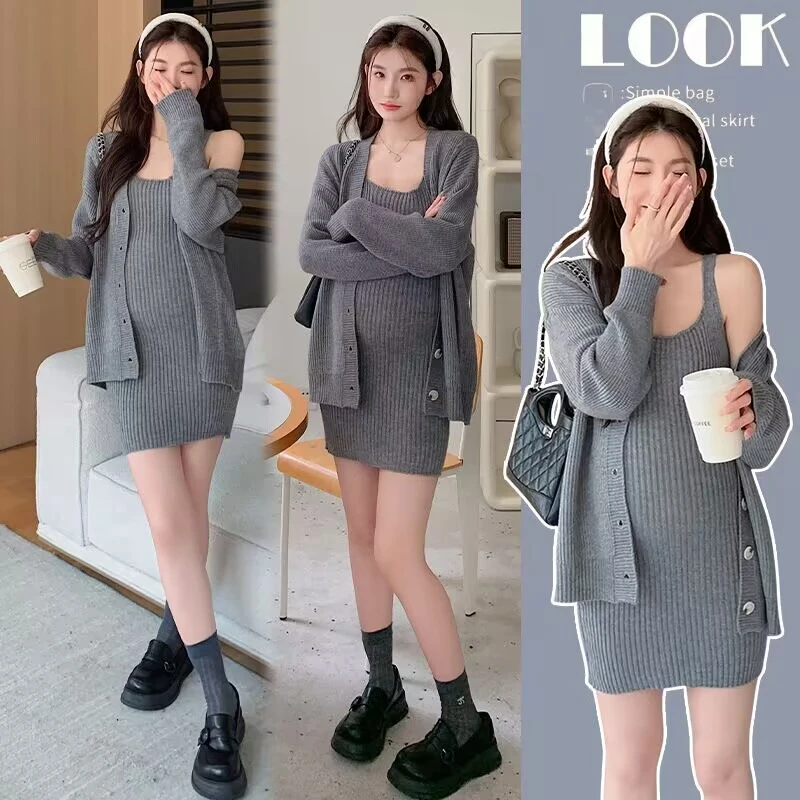 小个子潮妈孕妇秋装气质小香风高级感针织开衫吊带套装