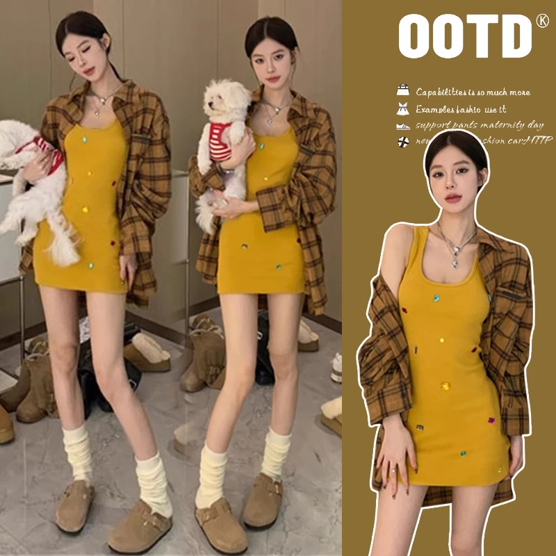 孕妇装小个子港味复古风时尚重工订钻宽松背心裙+格子防晒衬衫