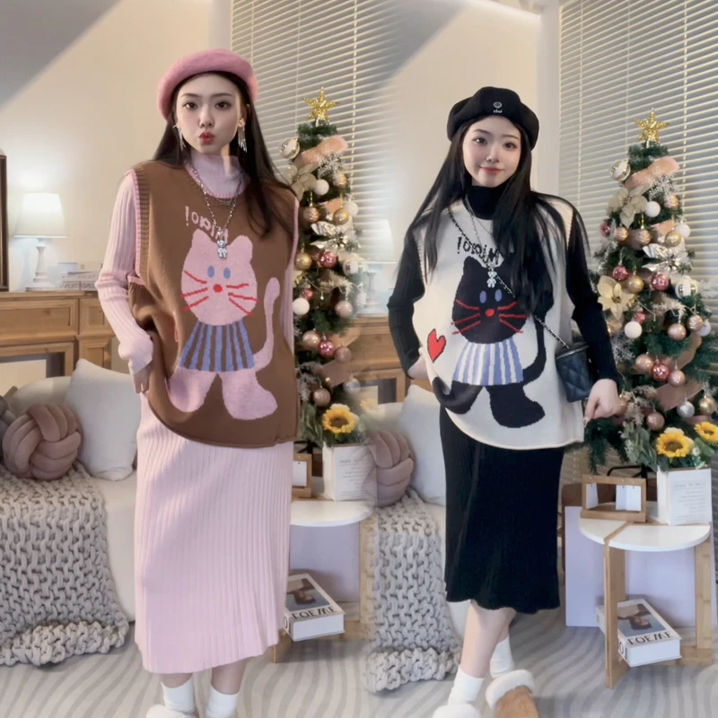 【猫咪甜心】秋冬装新款潮妈卡通针织马甲连衣裙+马甲上衣