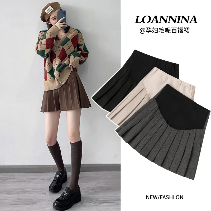 妇秋冬显瘦毛呢森系纯色百褶裙A字半身短裙孕妈托腹裙