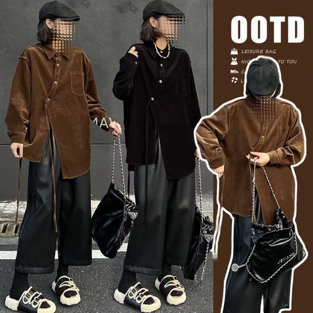 孕妇装设计感2024秋冬斜襟厚实宽松衬衫＋百搭皮裤孕妇套装