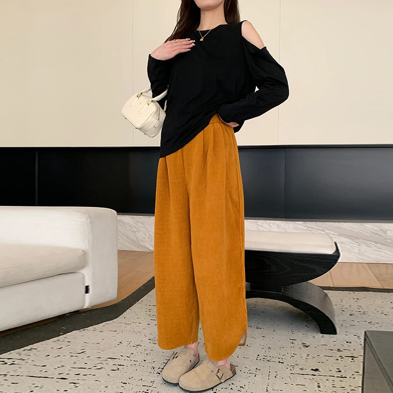 孕妇装长袖露肩T恤慵懒宽松罩衫＋不规则阔腿直筒休闲孕妇裤套装