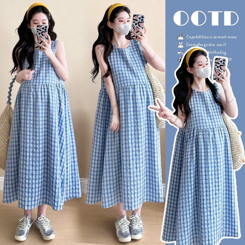 【布鲁士蓝调】孕妇装夏季韩版小清新甜美减龄格子中长款连衣裙
