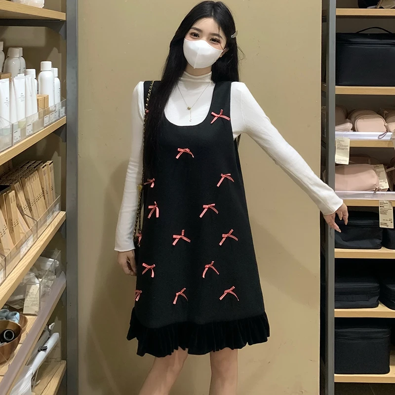 网红孕妇装新款蝴蝶结毛呢背心裙+打底衫两件套套装