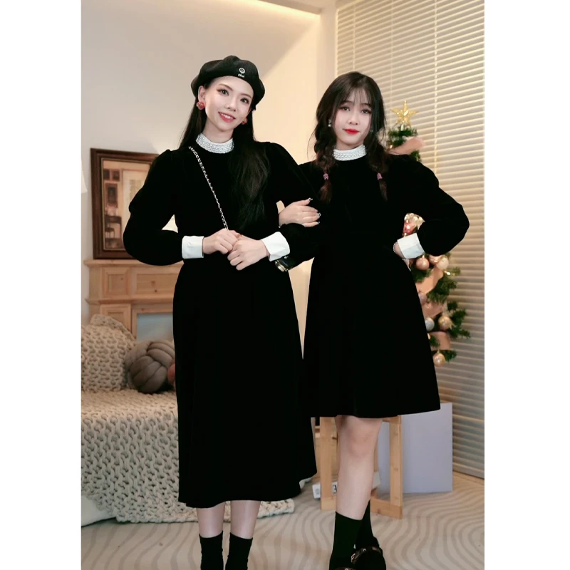 孕妇装加厚法式复古手工钉珠气质小黑裙显瘦设计感连衣裙