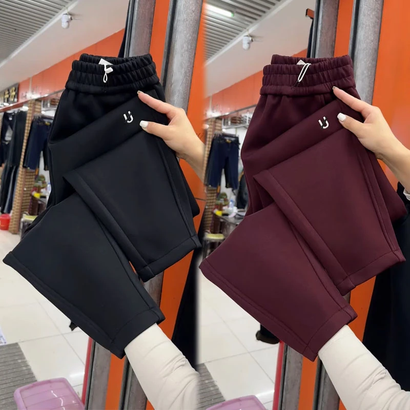 加绒加厚直筒裤女秋冬新款高腰宽松小脚哈伦裤小个子显瘦休闲裤