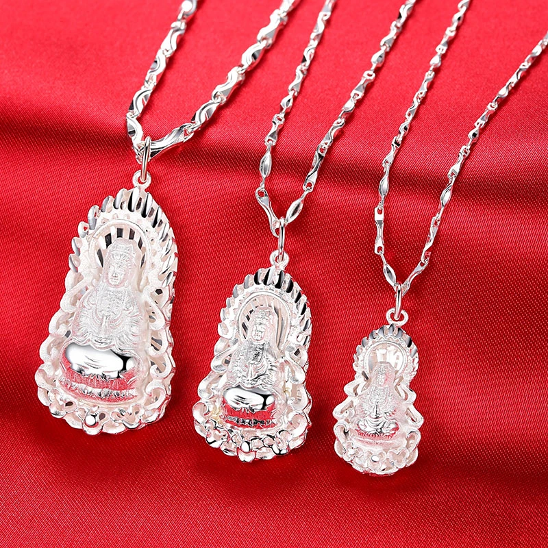 坠链均足银 银饰男999足银坠链观音佛光普照永保平安女实心银项链