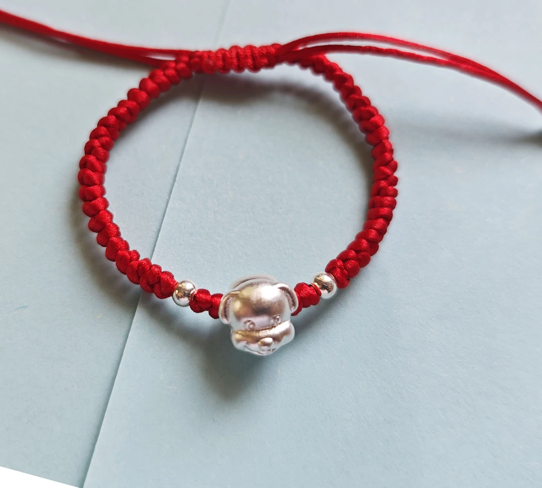 足银布艺手链 足银990十二生肖时尚金手链红绳手链可调节编织情侣