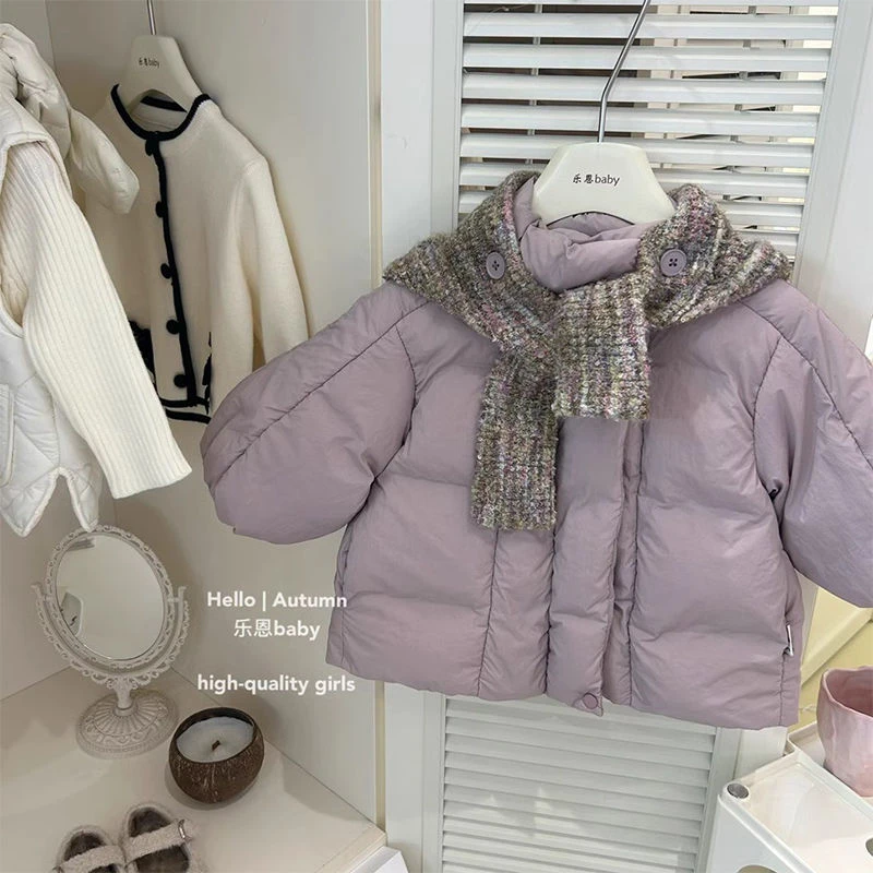 女童2024新款冬季粉紫色加厚保暖棉服外套围巾帽设计洋气百搭棉袄