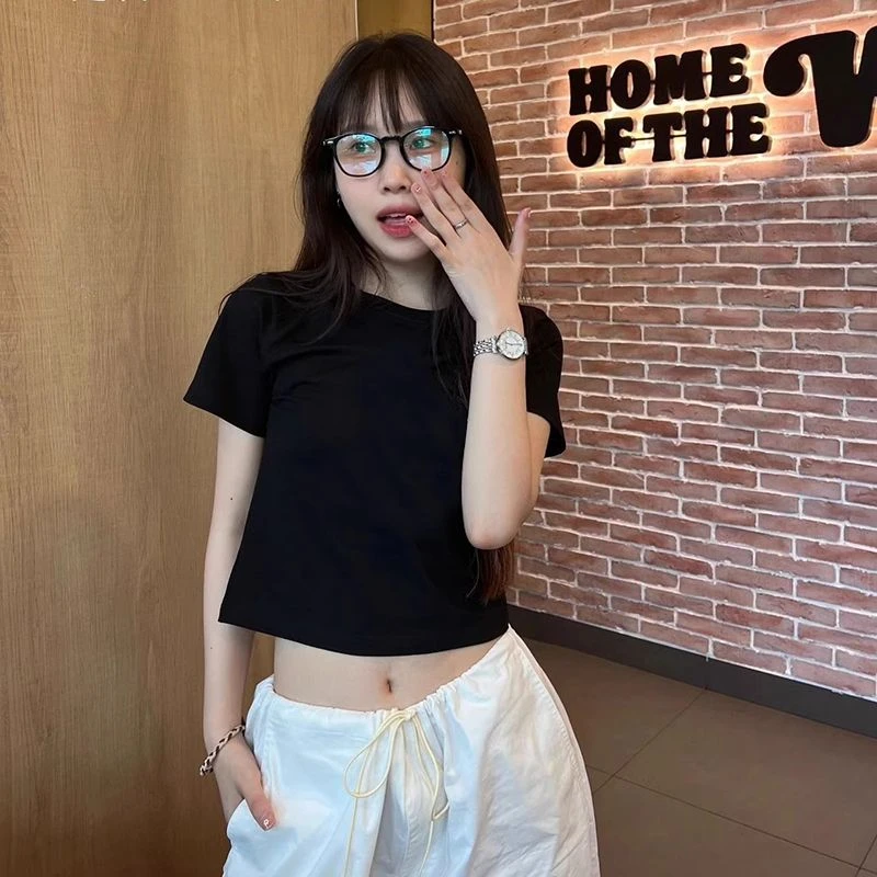 纯棉短款时尚新款短袖t恤纯棉小个子洋气减龄夏甜辣ins风上衣潮