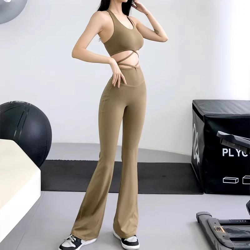 气质细带交叉瑜伽裤女显瘦裸感高腰微喇阔腿裤跑步运动健身瑜伽裤