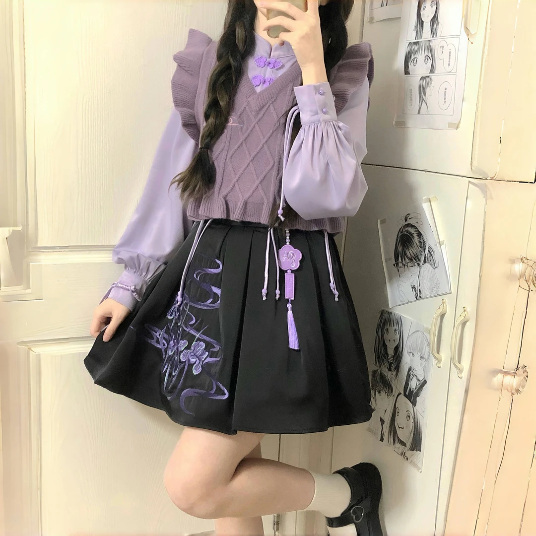 少女的永无岛原创 鸢尾梦 新中式汉元素刺绣半裙衬衫外套套装国风