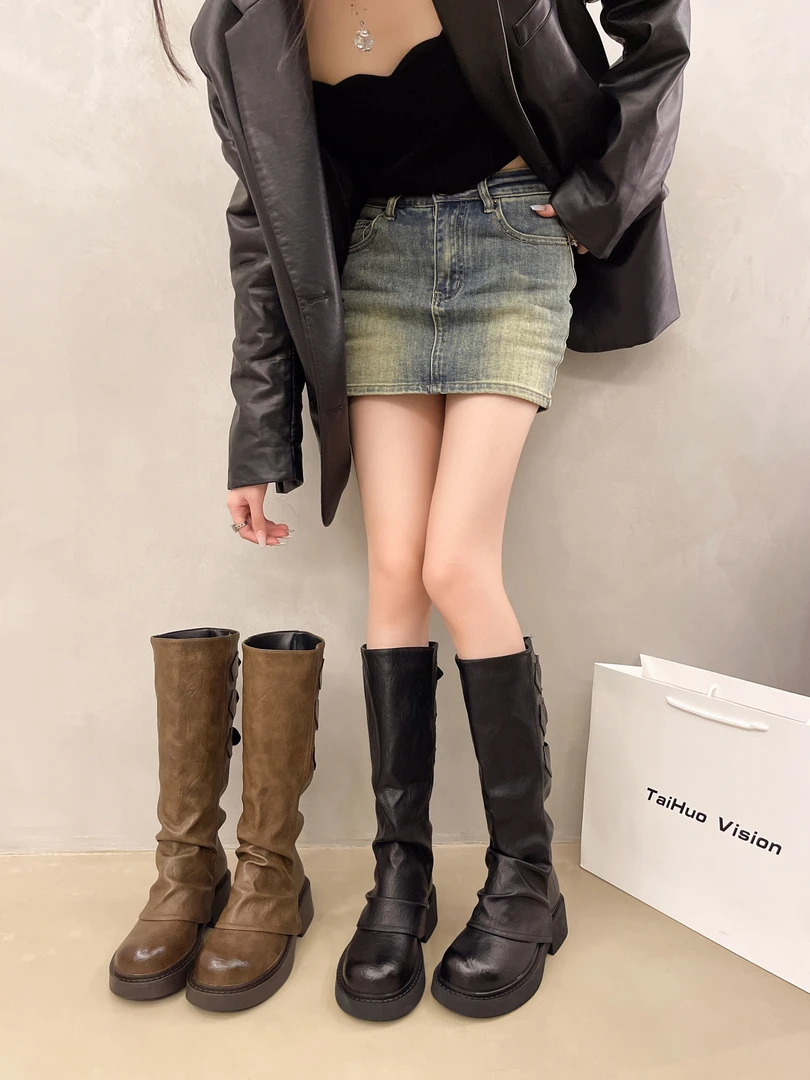 秋款新款英伦风靴子粗跟堆堆裤管靴女时尚百搭显瘦短靴瘦瘦靴