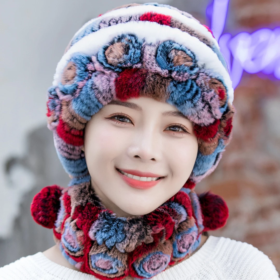 帽子女秋冬加厚兔毛帽子时尚针织帽百搭毛绒帽子冬季防寒护耳帽