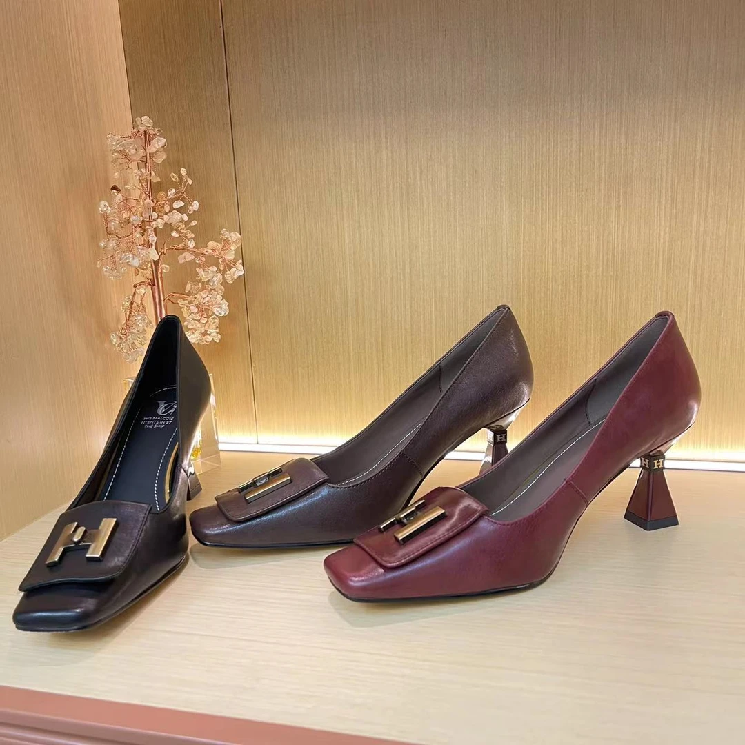 607黑色浅口真皮高跟方头女鞋时尚百搭气质舒适细跟单鞋B【6cm】