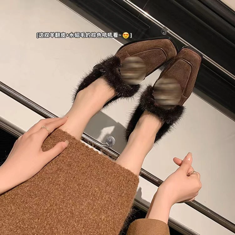 DJ时尚单鞋-A2207棕羊皮+水貂毛