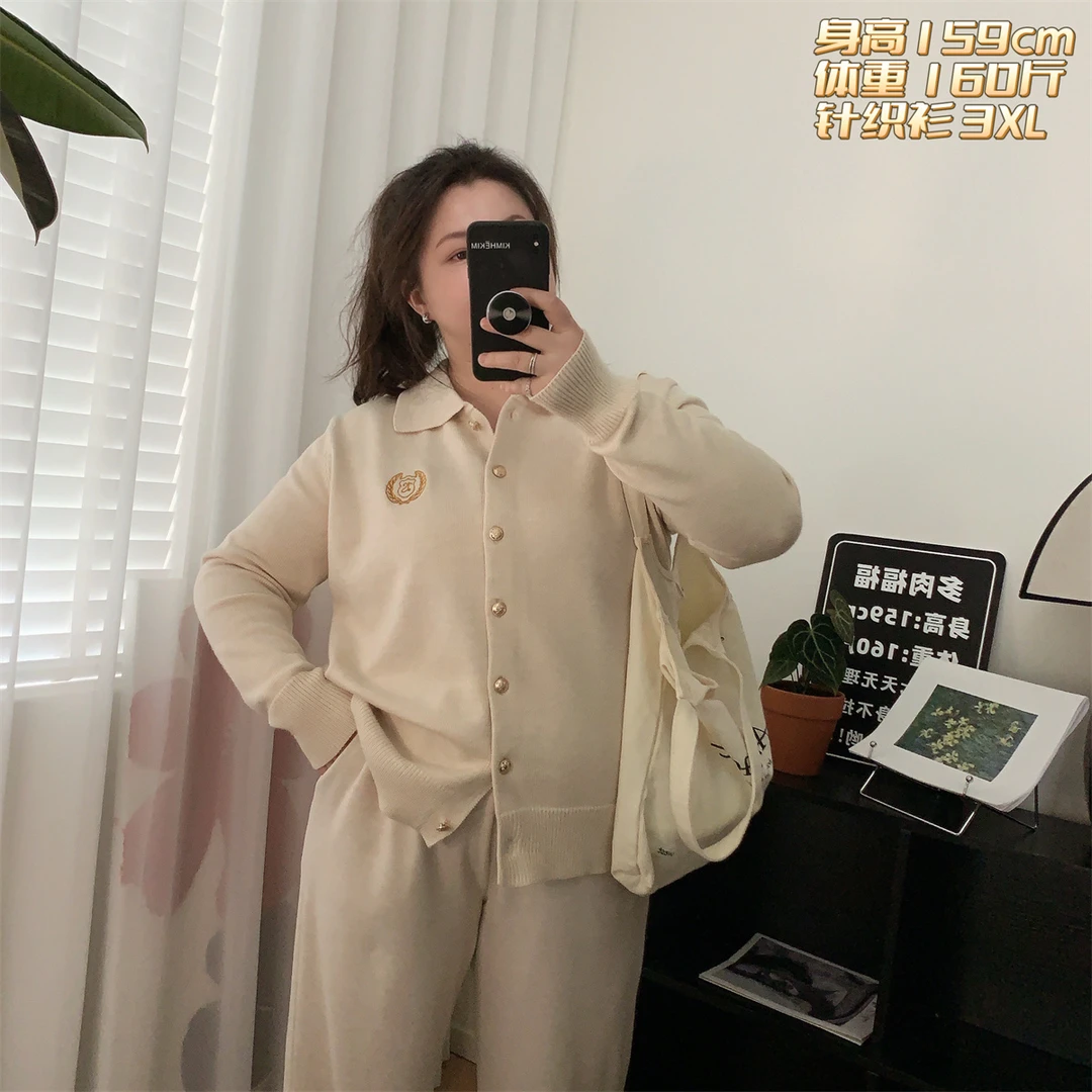 福福大码女装 正肩袖翻领针织衫毛衣 200斤胖MM宽松休闲上衣开衫