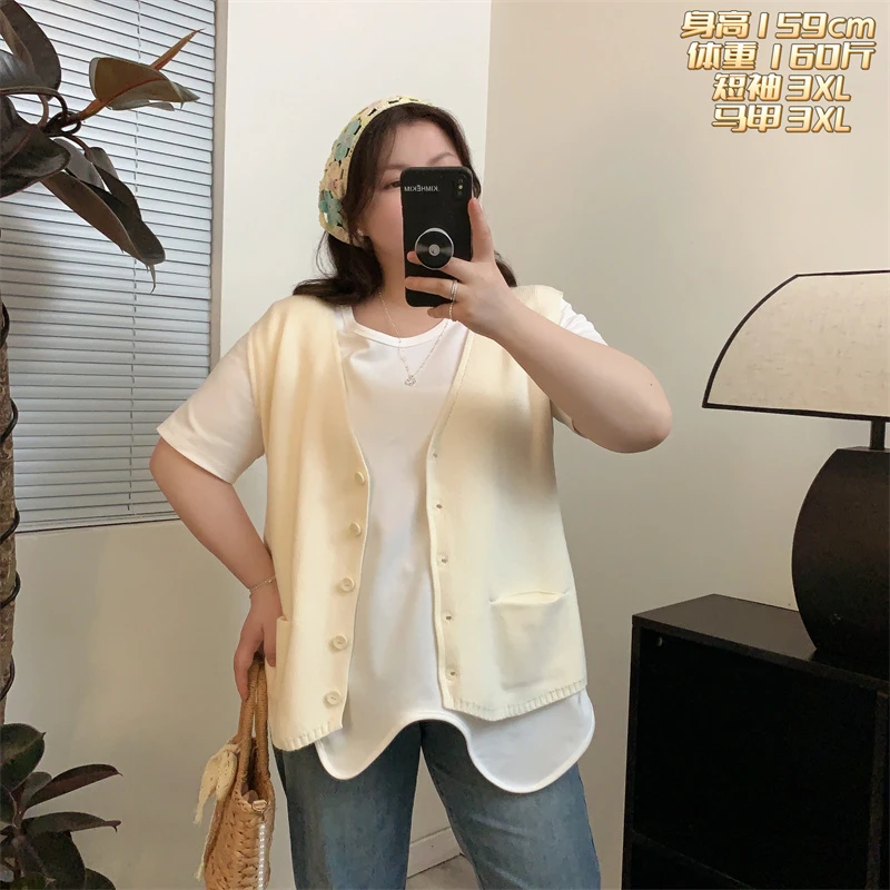 福福大码女装 简约气质V领针织衫马甲外套 宽松休闲显瘦无袖马夹