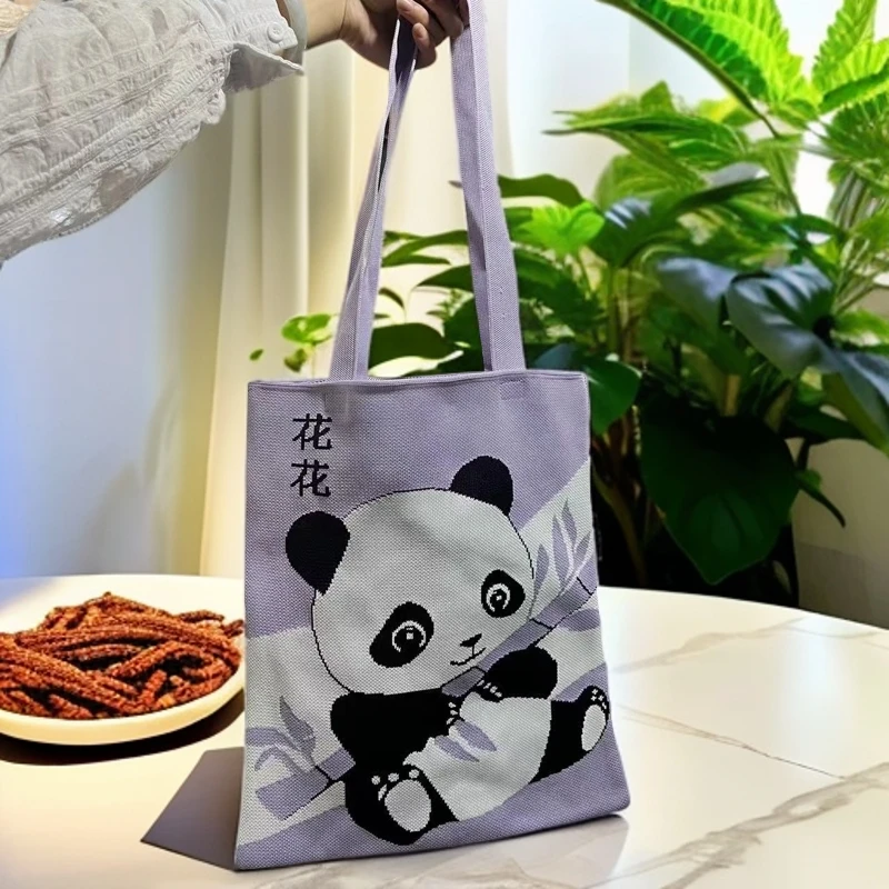 网红熊猫卡通百搭编织新款时尚学生大容量手拎包手提包针织休闲包