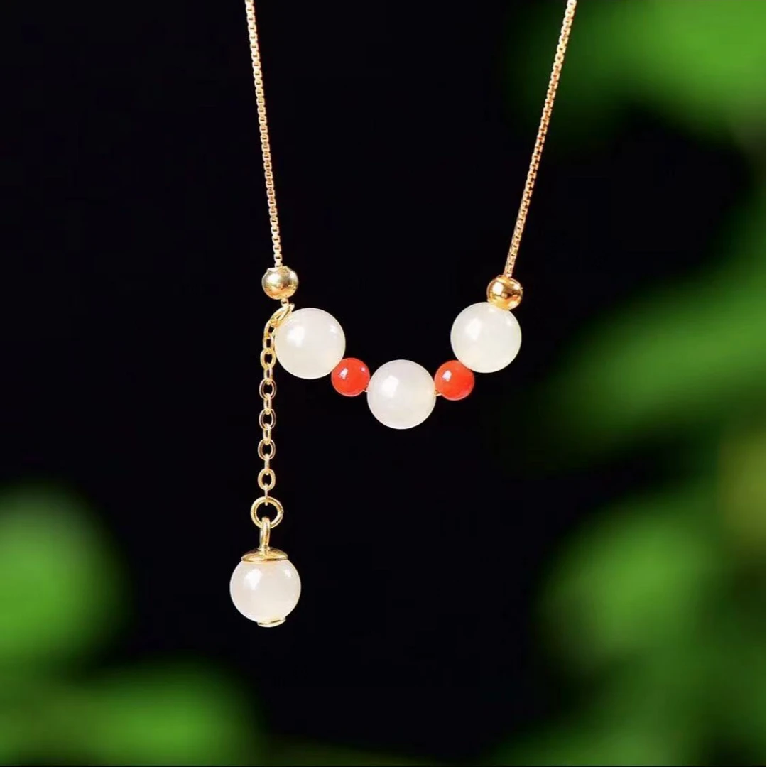 天然和田玉卡6mm珠子古法银项链吊坠轻奢气质时尚百搭简约