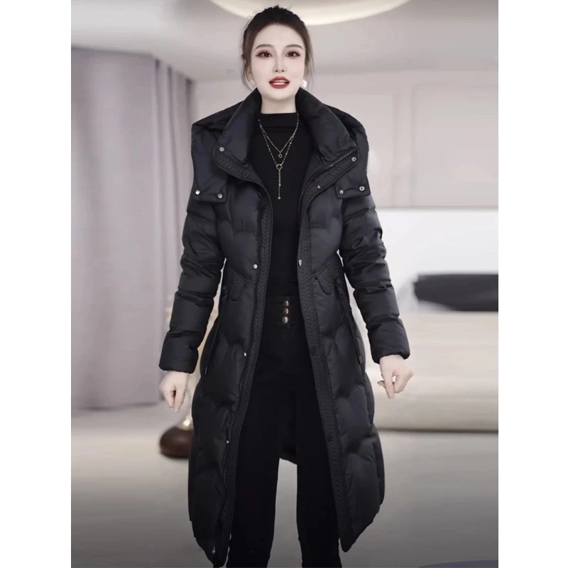 妈妈新款冬季时尚中长款外套过膝加厚保暖修身连帽白鸭绒羽绒服