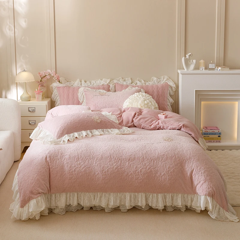 【工艺款】法式牛奶绒蕾丝床盖四件套 夹棉加厚荷叶花边款公主风