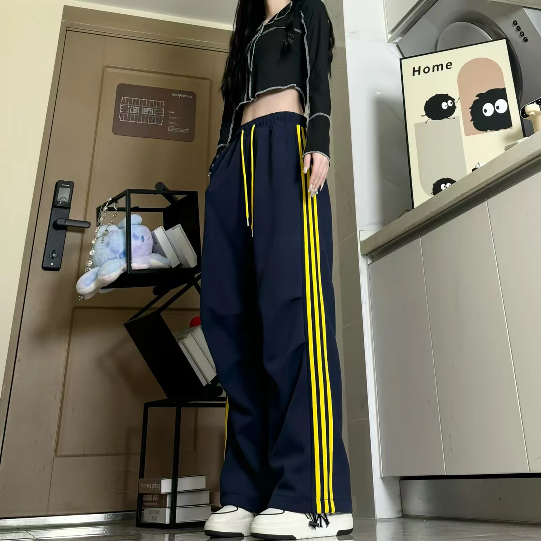 25美式复古撞色条纹卫裤hiphop褶皱宽松直筒阔腿伞兵裤