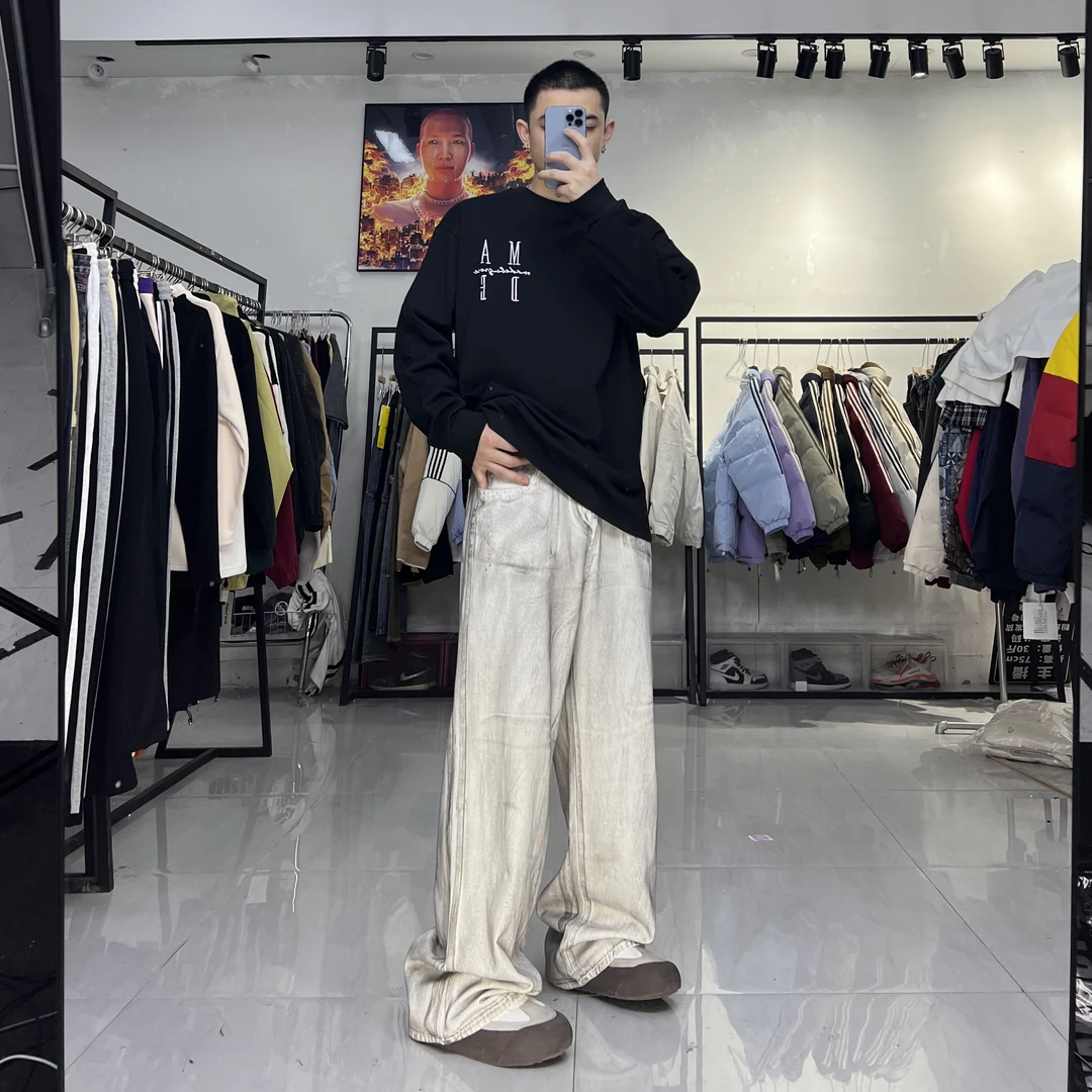 58美式高街cleanfit脏洗做旧阔腿牛仔裤男直筒宽松拖地长裤