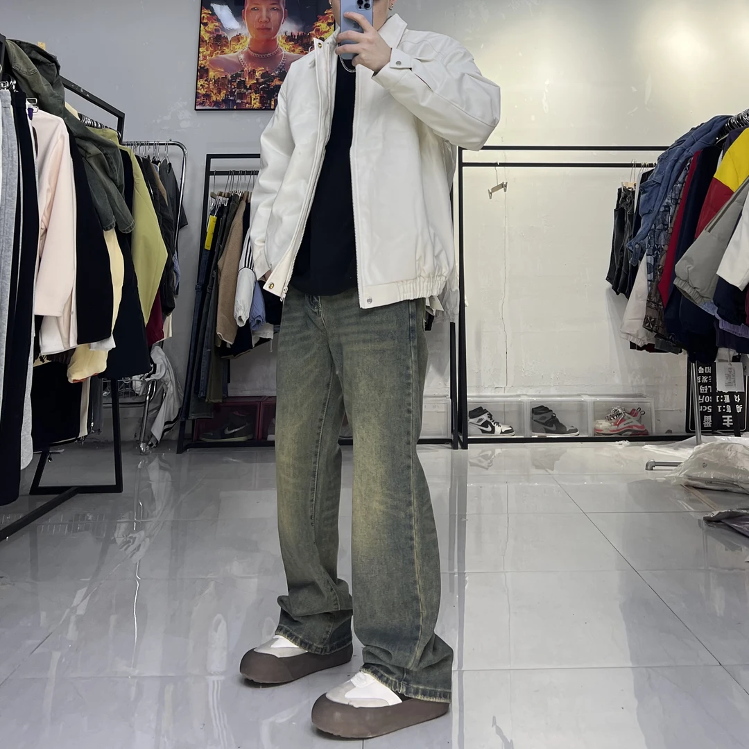 0015美式高街cleanfit显瘦设计做旧蓝牛仔裤男微喇叭休闲裤